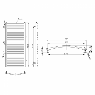 AQUALINE ORBIT Fürdőszobai radiátor, íves, 600x1320mm, 722W, struktúrált ezüst