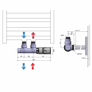 TWIN TERMO csatlakozó készlet radiátorhoz, szálcsiszolt inox