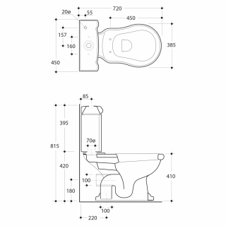 KERASAN RETRO kombi WC, hátsó kifolyású, tartállyal, öblítőmechanikával, ülőke nélkül, fehér/bronz