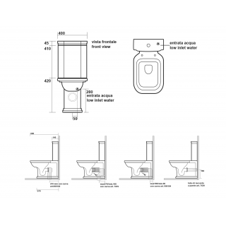 KERASAN WALDORF kombi WC, alsó/hátsó kifolyású, tartállyal, öblítőmechanikával, ülőke nélkül, fehér/bronz