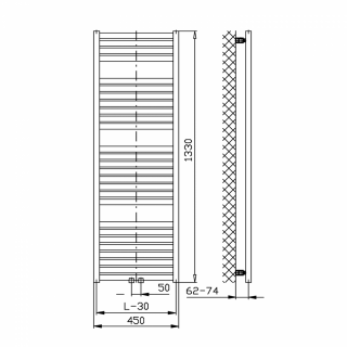 AQUALINE TONDI fürdőszobai radiátor, középső bekötéssel, 450x1330 mm, fehér