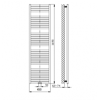 AQUALINE TONDI fürdőszobai radiátor, középső bekötéssel, 450x1690mm, matt fekete