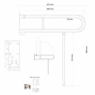 BEMETA HELP Felhajtható kapaszkodó, U-típus támasztékkal, 600mm, polírozott (301102071N)