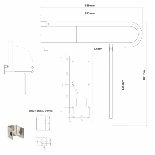 BEMETA HELP Felhajtható kapaszkodó, U-típus támasztékkal, 813mm, fehér (301102084N)