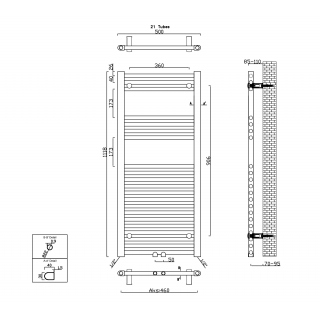 ALYA fürdőszobai radiátor, középső bekötéssel, 500x1118mm, 305W, króm