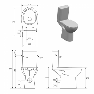 ETIUDA WC mozgáskorlátozottaknak, CLEAN ON, hátsó kifolyású, RIMLESS, 45,5cm